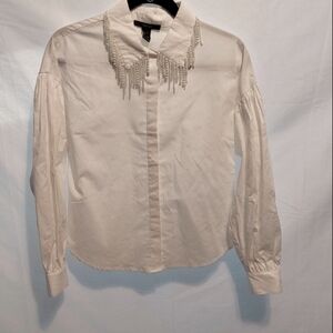 Cream Button-Up Shirt with Beaded Fringe